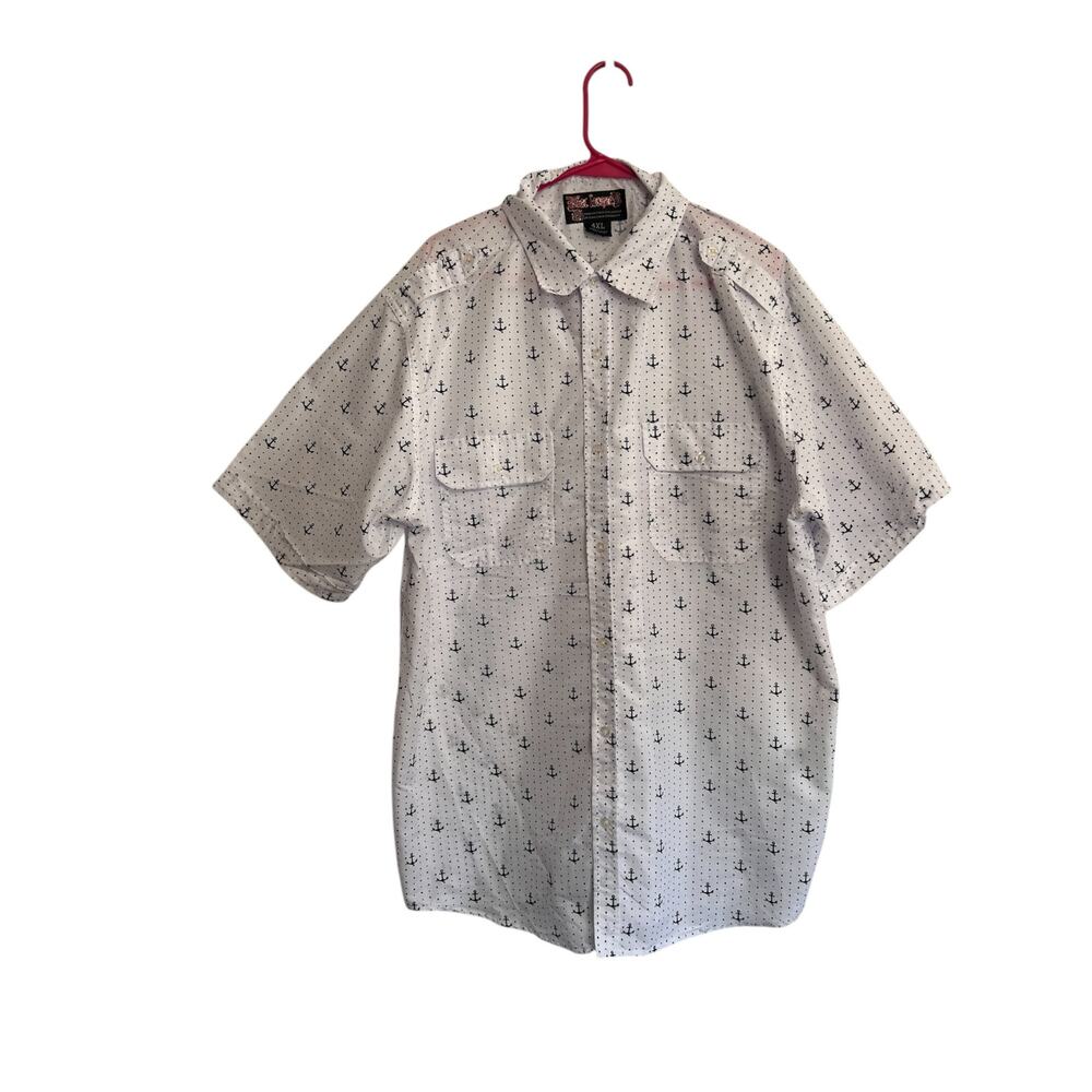 Blac Lacquer Short Sleeve Button Up Dress Shirt Mens Size 4XL White Blue Anchor